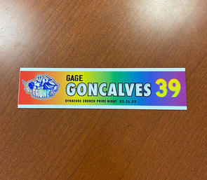 #39 Gage Goncalves Alternate Pride Night Nameplate - March 31, 2023